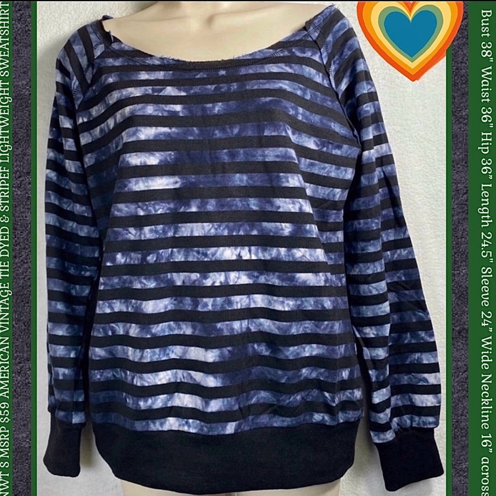 NWT S AMERICAN VINTAGE TIE DYE STRIPED NAVY LIGHTWEIGHT SWEATSHIRT MSRP $50